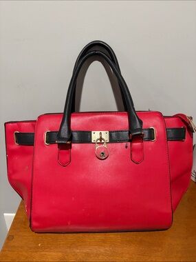 Red Structured Satchel Handbag with Black Handles